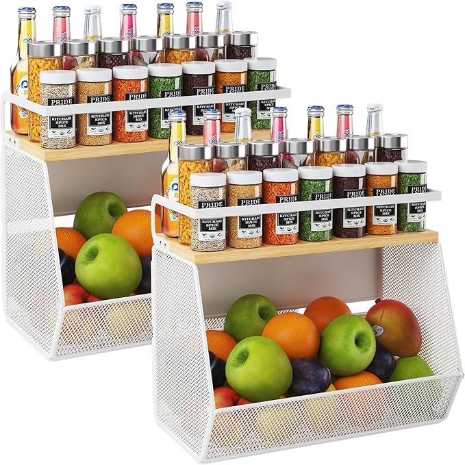 Magnetic Shelf for Fridge with Wide & Thick Magnet, 2 Pack Refrigerator Organizer Basket with Bamboo Top, Storage for Fruit, Potato, Onion, Kitchen, Pantry, Laundry (White, 13.8" x 6.8" x 11.8")