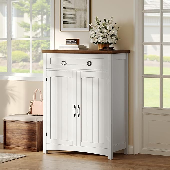 DWVO 5-Tier Shoe Storage Cabinet, Farmhouse Shoes Rack Cabinet with Adjustable Shelf, 43" Tall Shoe Organizer with Drawer & Doors for Entryway Hallway Living Room Closet (White)-NeatNest