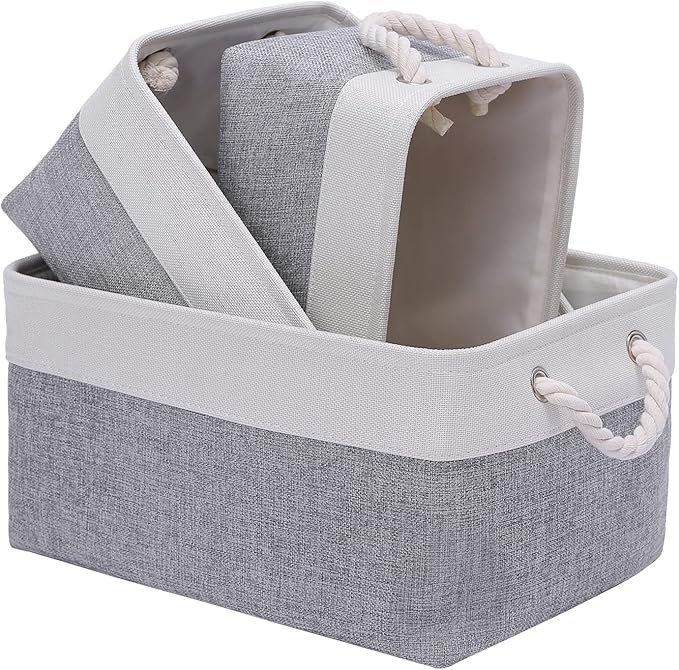 Fabric Storage Basket, Foldable Linen Storage Box for Nursery and Home, Collapsible Canvas Shelf Basket for Wardrobe or Bedroom, Grey and White