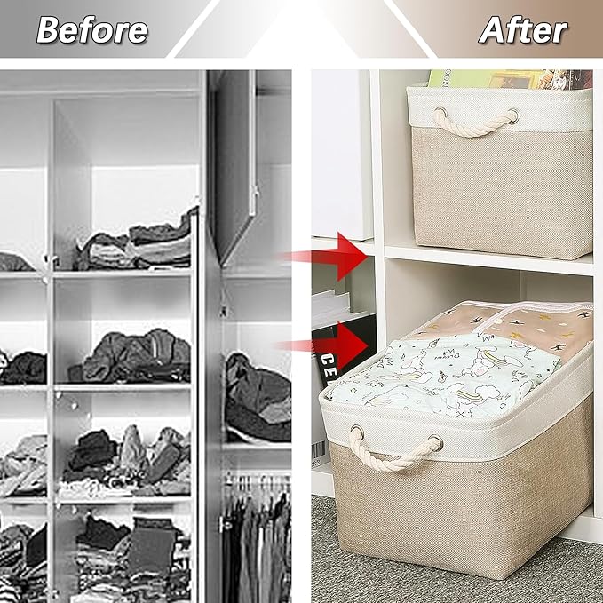Fabric Storage Bins, 2 Pack Foldable Cube Baskets with Rope Handles, Large Collapsible Storage Cubes for Home, Office, Closet, Clothes, Books Organizer. (Khaki and White, 2PCS/14*10.2*6.3inch)-NeatNest