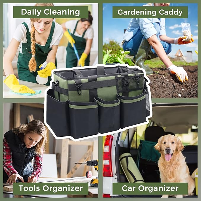 Wearable Cleaning Caddy Organizer with Handle & Shoulder Straps for Housekeepers, Under Sink & Car Cleaning Tool Organizer Bag with 4 Foldable Dividers (Green)