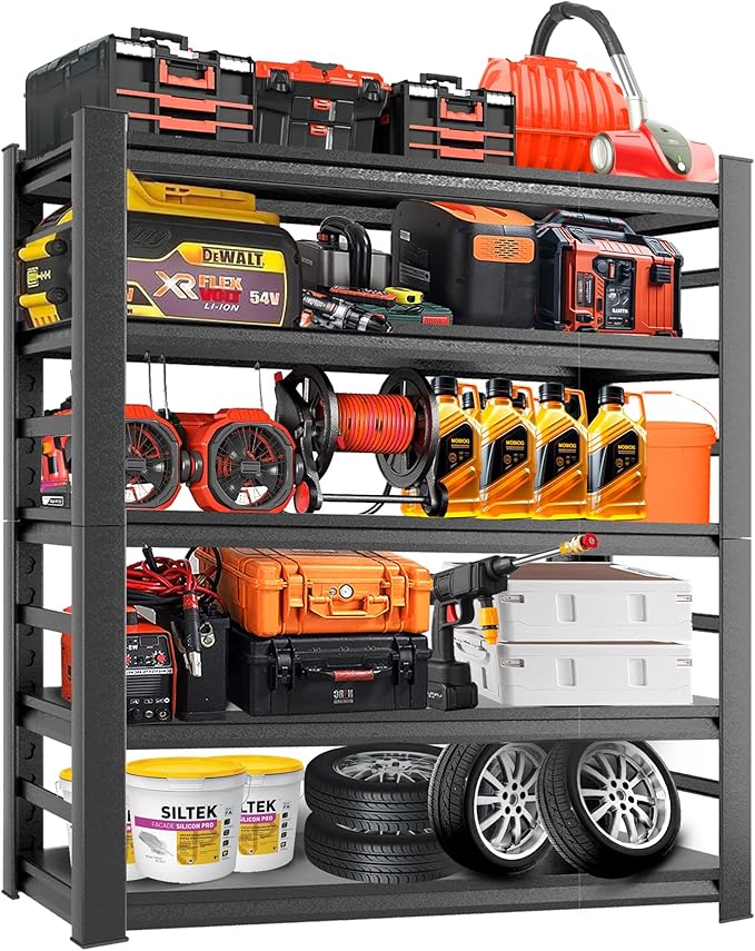 Adjustable Heavy Duty Metal Garage Shelving Unit with Fence, 5-Tier Storage Rack for Garage, Basement, or Warehouse, Durable Steel Shelves for Tools & Equipment, 63" H x 32" W x 16" D, Black-NeatNest
