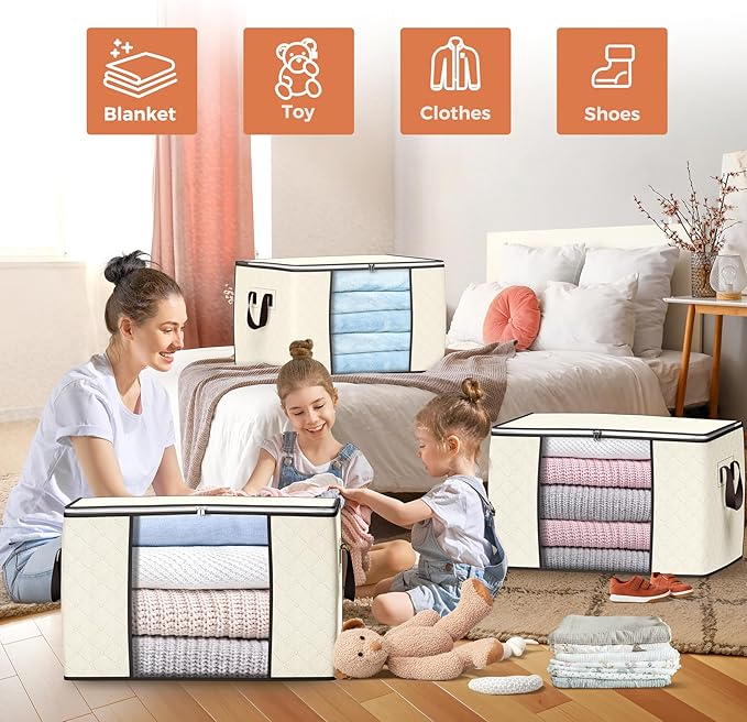90 L Large Storage Bags, 6 Pack Clothes Storage Bins Foldable Closet Organizers Storage Containers with Reinforced Handle for Clothing, Blanket, Comforters, Bed Sheets, Pillows and Toys (Beige)-NeatNest