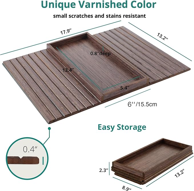 DETOR Couch Arm Tray, TV Tray with Capacious 12.4" x 5.4" Storage Box, Bamboo Grain Stained Brown Color, Enhanced Nonslip Felt Bottom, Sturdy Bamboo Slats Material | for Armrests 6" and Wider-NeatNest