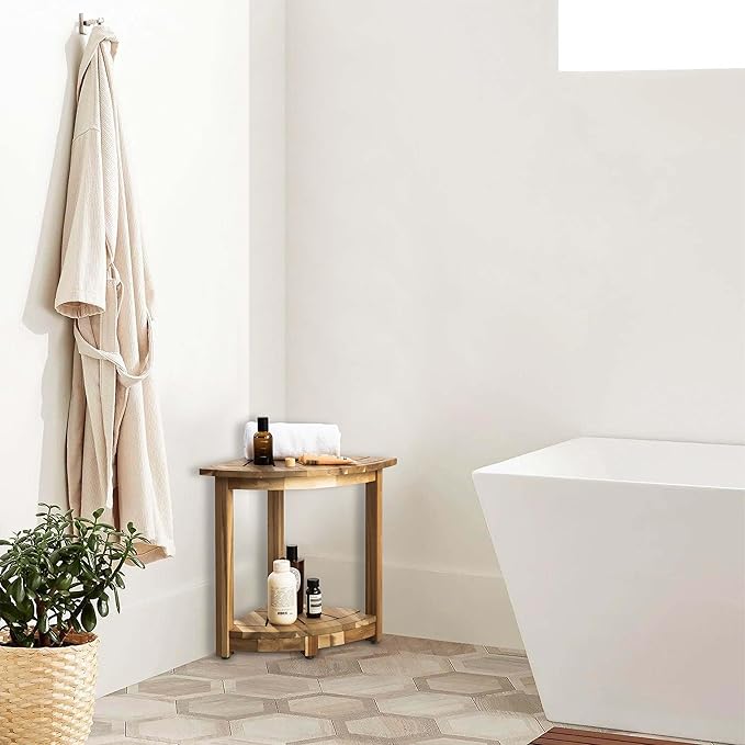 Acacia Corner Shower Stool, Waterproof Spa Foot Rest & Bath Bench with Storage Shelf & Soap Dish, Ideal for Bathroom, Shaving Legs, or as Small Corner Table/Step Stool (Light Natural)