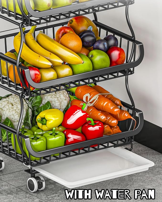 MURRI&MURRDI 6 Tier Stackable Wire Storage Baskets with Wheels, Black, Kitchen Fruit Vegetable Storage Cart