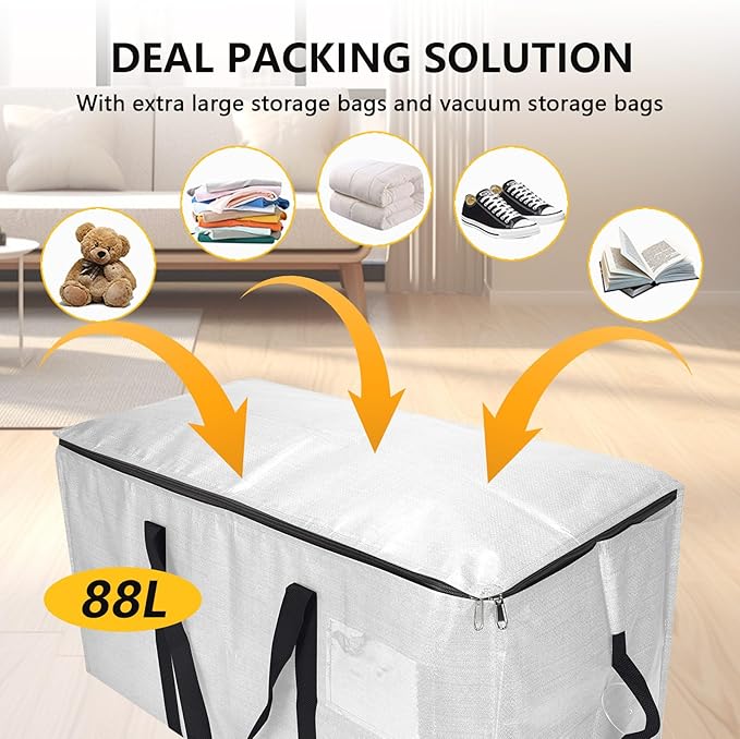 Extra Large Moving Bags with Vacuum Storage Bags Combo – Heavy Duty Totes with Handles & Zippers for Effortless Moving, (Transparent, 12 Park-2 Move bag & 10 Vacuum Seal Bag)