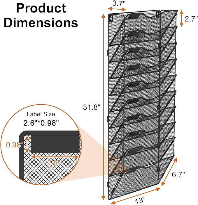 10 Pocket Mesh Hanging Wall File Organizer, Wall Mounted Mail Paper Document Folder Holder, Foldable File Folder Organizer with Label Panel | 2 Hooks | Office Home School Organizer, Black