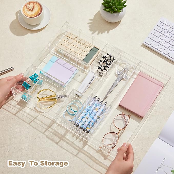 Acrylic Drawer Organizer Clear Desk Drawer Organizer Trays with Adjustable Compartments Desk Accessories for Office Stationery Makeup Silverware Bathroom(Expandable)