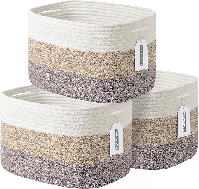 Cotton Rope Storage Basket, 15x10x9 Inches, Woven Basket for Shelves, Clothes, Toys, Towels, Books, and Laundry, Durable and Stylish, White Brown (3 Pack)-NeatNest