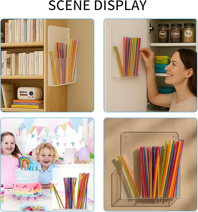 Acrylic Straw Holder for Cabinet, Large Capacity Thickened 9.4"x7.8" Adhesive Cabinet Door Organizer,Drinking Straws Dispenser,Organizer for Cupboard Reusable for Kitchen