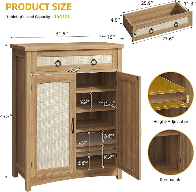 DWVO 5-Tier Shoe Storage Cabinet, Farmhouse Shoes Rack Cabinet with Adjustable Shelf, 43" Tall Rattan Rattan Shoe Organizer with Drawer & Doors for Entryway Hallway Living Room Closet (Oak)-NeatNest
