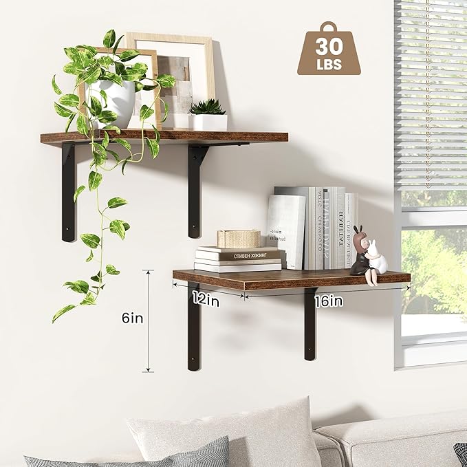Fun Memories Rustic Brown 12 Inch Deep Floating Shelves Set of 2, Wall Mounted Shelf with Metal Brackets, Rustic Wood Wall Shelf for Bathroom, Kitchen and Living Room-NeatNest