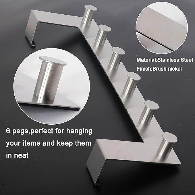 WEBI Over The Door Hooks Door Hanger,Over The Door Towel Rack with 6 Peg Hooks for Hanging,Over Door Coat Rack for Clothes,Back of Bathroom,Silver