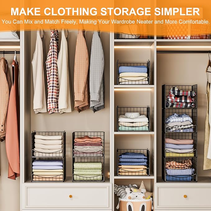 4-Tier Stackable Closet Organizers and Storage Shelves, Clothes Storage Basket, Clothes Shelf Organizer Sweater Organizer Bins Container for Wardrobe Kitchen Bathroom Office, Black