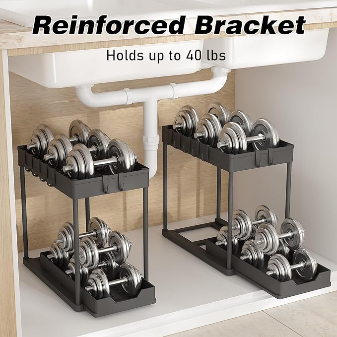 2 Pack Multi-Purpose Pull-Out Storage Organizers, Under Sink Organizers and Storage for Bathroom & Kitchen, Under Cabinet Organizers and storage, 12.8 Inch, Black-NeatNest