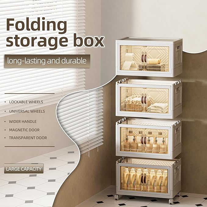 144 QT / 36 Gal Stackable Storage Bins (1 Lid) w/Wheels & Magnetic Doors, Collapsible Plastic Organizer Cabinet for Closet Office Garage - White Storage Containers-NeatNest