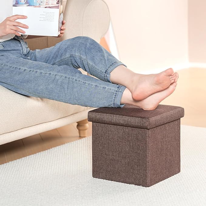 B FSOBEIIALEO Storage Ottoman Cube, Linen Small Foot Seat, for Living Room, Bedroom, Home Office, Dorm Storage Footrest Brown 11.8"x11.8"x11.8"