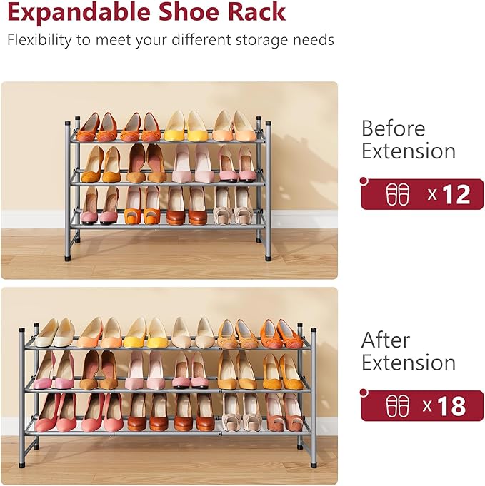 Tajsoon Expandable Shoe Rack for Closet 3 Tier, 28“-41“Adjustable & Stackable Shoe Shelf Storage, Metal Shoe Rack Organizer for Front Door Entrance, Closet, Garage, Entryway, Grey-NeatNest