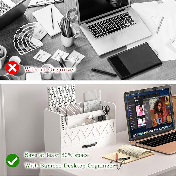 Bamboo Mail Organizer Countertop Wood Desk Organizer Drawer Tabletop Storage Box Letter Sorter Makeup Organizer for School Home Office Supplies White-NeatNest
