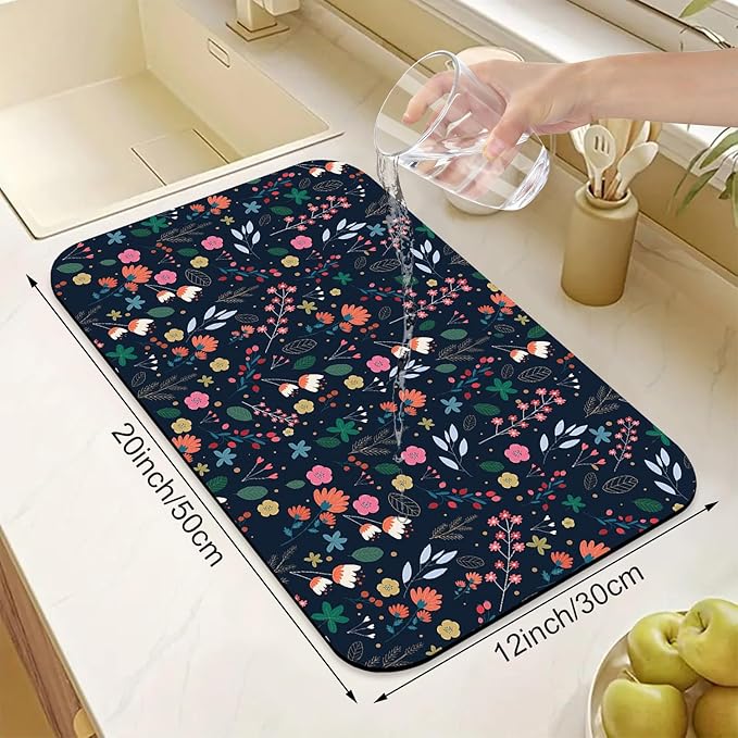 Cute Flower Dish Drying Mats Super Absorbent Dish Drainer Rack Pad Non-Slip Drying Mat for Kitchen Counter, 20"x12"-NeatNest