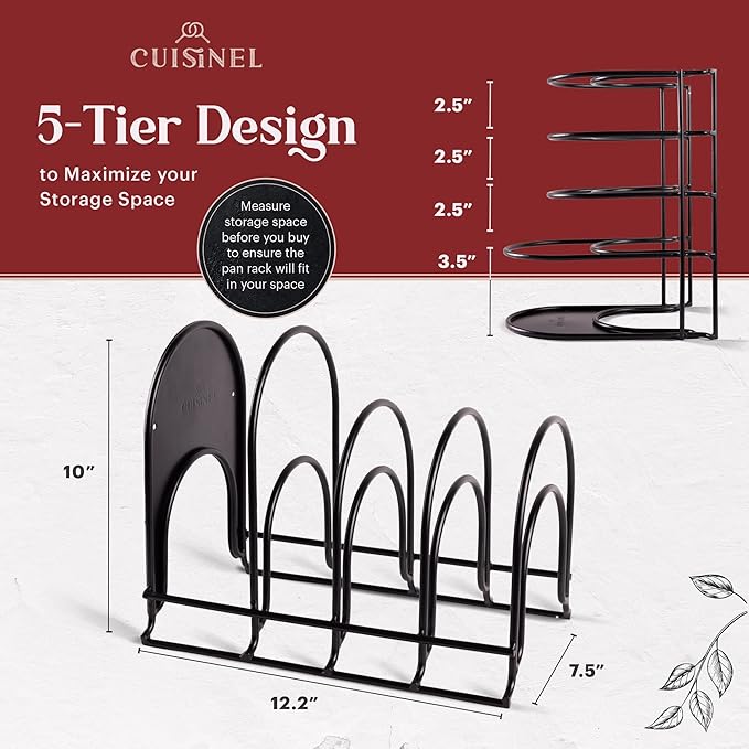 Cuisinel Pots and Pans Organizer Rack - Heavy Duty 60-LBS Capacity - 6mm Thick - Made in India - Matte-Black 12.2"-Tall 5-Tier Space-Saving Kitchen Storage for Cast Iron Cookware, Skillet, Dish, Plate-NeatNest