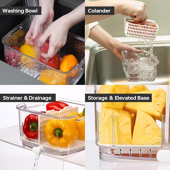 Felli Duo Fresh Produce Saver, ALL IN ONE Fridge Fruit Vegetable Container for Wash & Store with Vent & Drain Trays, Colander Strainer Bin for Refrigerator, Watermelon Berry Storage Keeper, Gifts