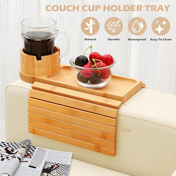 Couch Cup Holder Tray, 15.75" Bamboo Cup Holder for Couch, 3 in 1 Foldable Arm Chair Clip on Side Tray Table for Remote Snack Table on Armrest-NeatNest