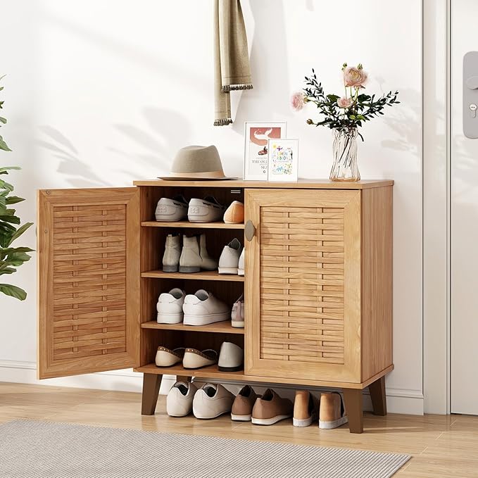 Giantex Shoe Cabinet with Doors, 4-Tier Farmhouse Shoe Rack Cabinet with 3 Adjustable Shelves, Freestanding Wood Shoe Storage Cabinet for Entryway, Closet, Hallway, Living Room-NeatNest