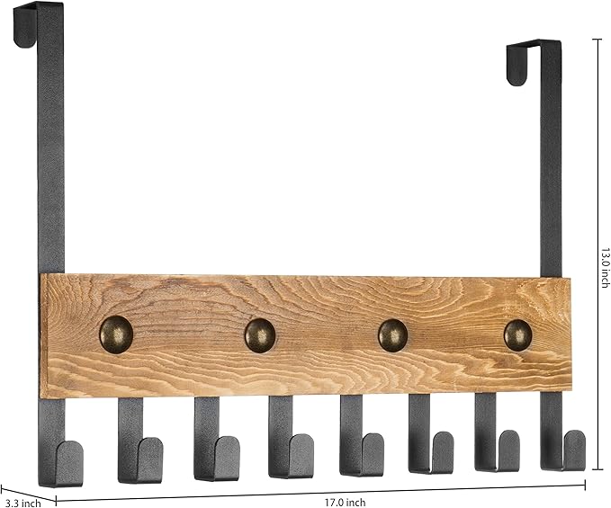 MyGift Heavy Duty Burnt Wood Over The Door Hook Rack Bathroom Towel Rack Sturdy Door Hanger with 8 Black Metal Hooks