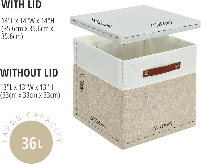 DECOMOMO Storage Basket with Lid, Storage Cubes with Handles, Fabric Box with Lid (Beige and White, 13” / 3 Pack)-NeatNest