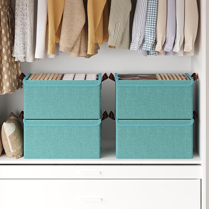 AARAINBOW Stackable Clothes Organizer Bins, Fabric Storage Bins with Metal Frame, 4 Packs Green Boxes with Lids, Foldable Closet Container for Clothes Toys, 23L (Green)-NeatNest