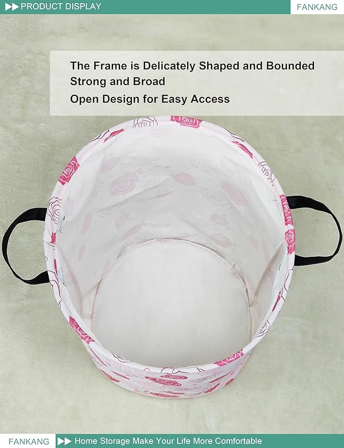 FANKANG Storage Basket, Nursery Hamper Canvas Laundry Basket Foldable with Waterproof PE Coating Large Storage Baskets for Kids Boys and Girls, Office, Bedroom, Clothes,Toys(Pink roses)