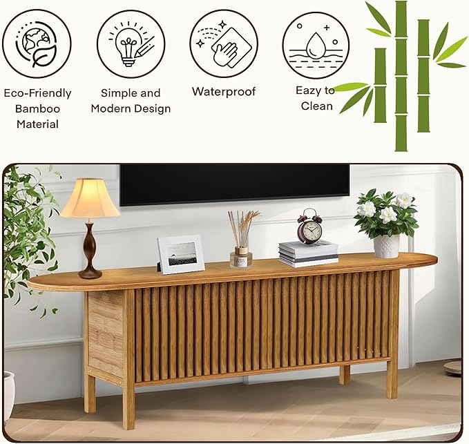 Bamboo TV Stand for TVs up to 65", Accent Entertainment Center with Storage, Media Console Table with Fence Door, Modern TV Stand for Living Room, Bedroom, 55"(L), Walnut-NeatNest