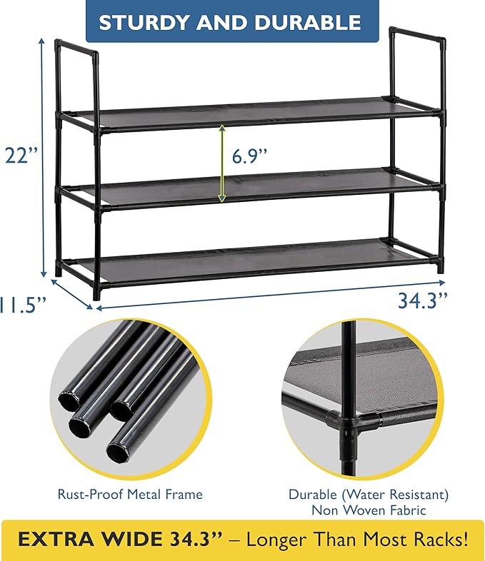 Sundaze Shoe Rack - 3 Tier Shoe Rack for Front Door Entrance, Sturdy Long Shoe Organizer for Closet, Bedroom, Entryway, Garage, Non Woven Fabric Shelf, Black, Holds Up to 15 Pairs-NeatNest