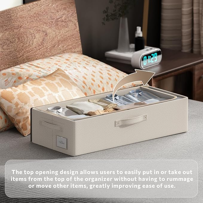 3Pcs Under Bed Storage Bins with Metal Frame - Shoe Organizer for Closet with Clear Cover Oxford Fabric Sturdy Underbed Container Foldable Stackable Clothes Organizer (Beige, 23.5x11.8x6.3)-NeatNest