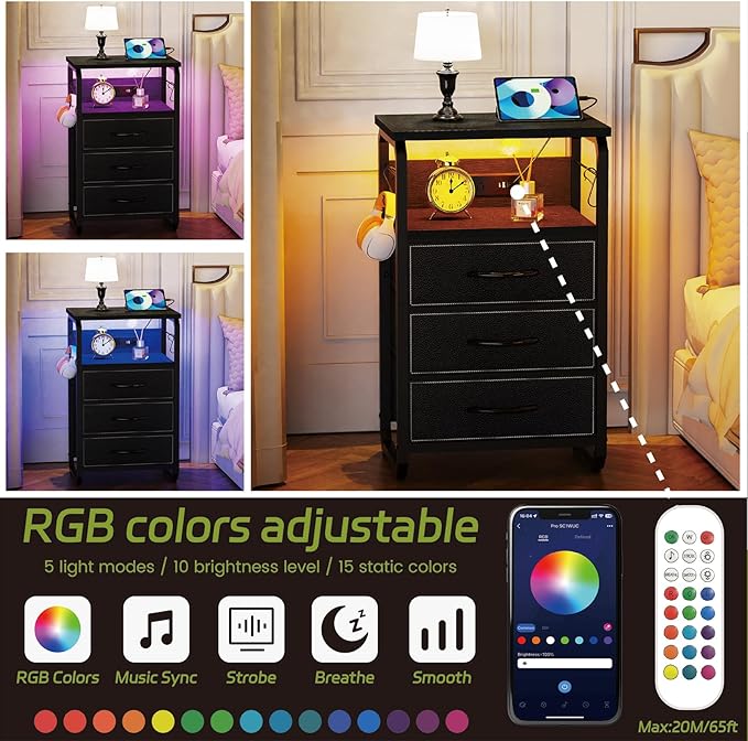 Bed Side Table with 3 Fabric Drawers, Black Night Stand, LED Nightstand with Hooks, Bedside Table with Charging Station, End Table with Storage, Night Table for Living Room, Bedroom, Dorm-NeatNest