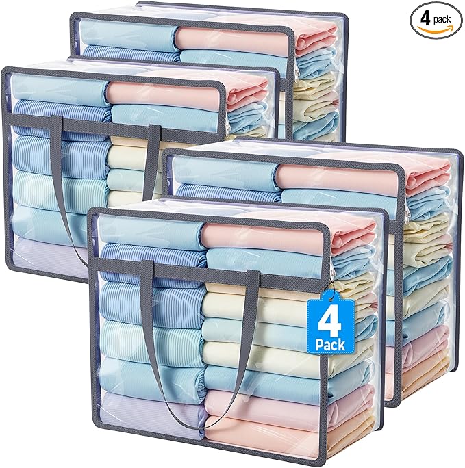 Budding Joy Clear Zippered Storage Bags for Clothes,40L Closet Organizers and Storage Containers Vinyl Moving Bag for Bedding, Linen, Blankets, Comforters, Clothing & Toys, Grey, 4 Pack-NeatNest