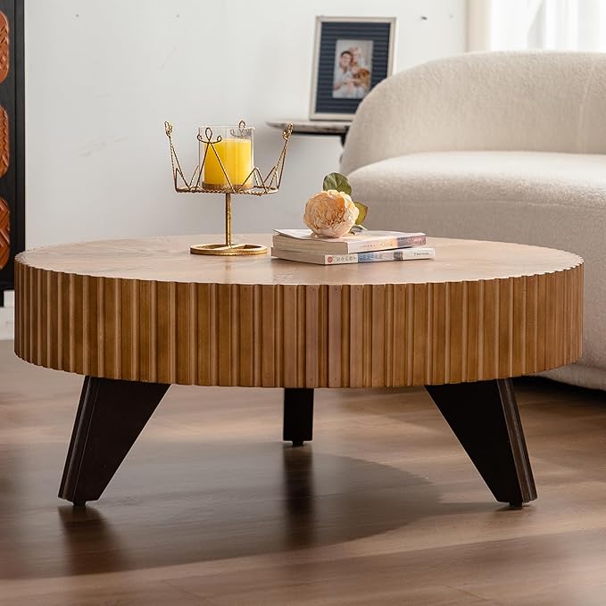 kevinplus 35.4'' Walnut Round Coffee Table Wood Modern Coffee Table for Living Room, Easy Assembly, Walnut