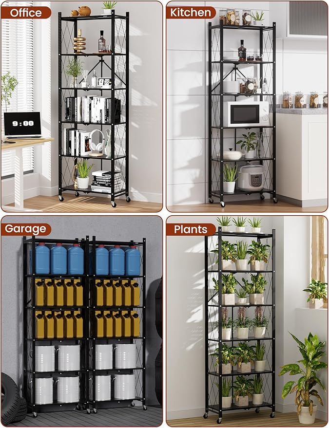 ALANNG 73.6 Inch Folding Bookshelf, 6 Tier Metal Bookcase and Bookshelves, Tall Shelves for Living Room Office Bedroom, Heavy Duty Book Shelve Free Standing Open (Black, 1PACK)