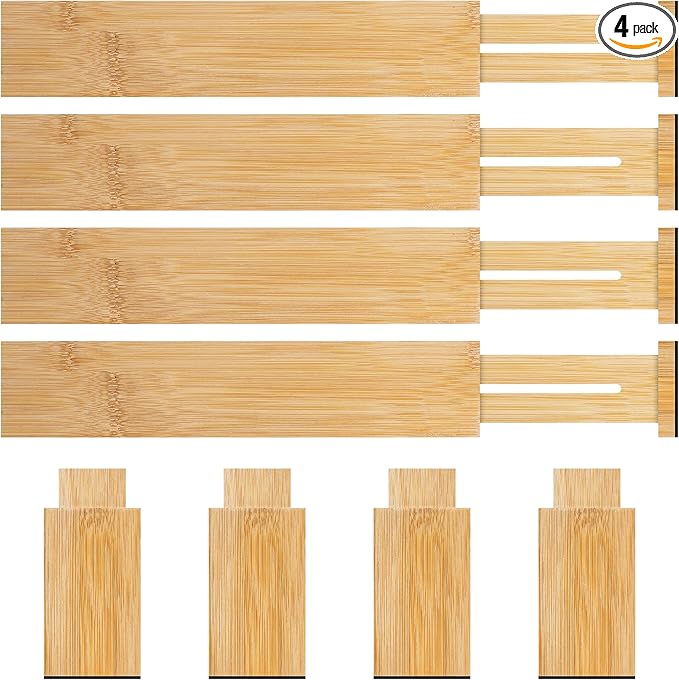 Bamboo Drawer Dividers Organizer with Inserts, Expandable from 12.5-21.7", Adjustable Drawer Organizer Separators for Utensils, Dresser, Bedroom, Bathroom, Closet, Clothing, Office (Beige)-NeatNest