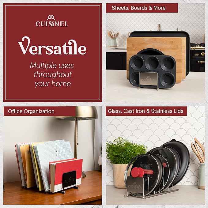 Cuisinel Lid and Dish Organizer Rack - 2-Pack Matte Black Kitchen Storage Organization Stand - Plate Holder, Pan/Pots Covers, Cutting Board and Cookie Sheet Divider - 7-Tier Cabinet/Counter Display-NeatNest