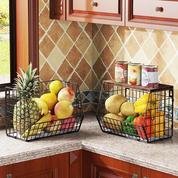 Fruit Bowl for Kitchen Counter Stackable Wall Mounted Hanging Basket Wire Basket with Wood Lid with Banana Hanger Hooks, Onion,Potato,Fruit and Vegetable Storage