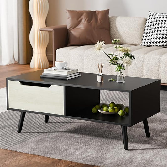 Cozy Castle Modern Coffee Table, Wooden Cocktail Table with Storage, Minimalist Hallway Table, Mid Century Modern Coffee Table for Living Room Apartment Reception, Black-NeatNest