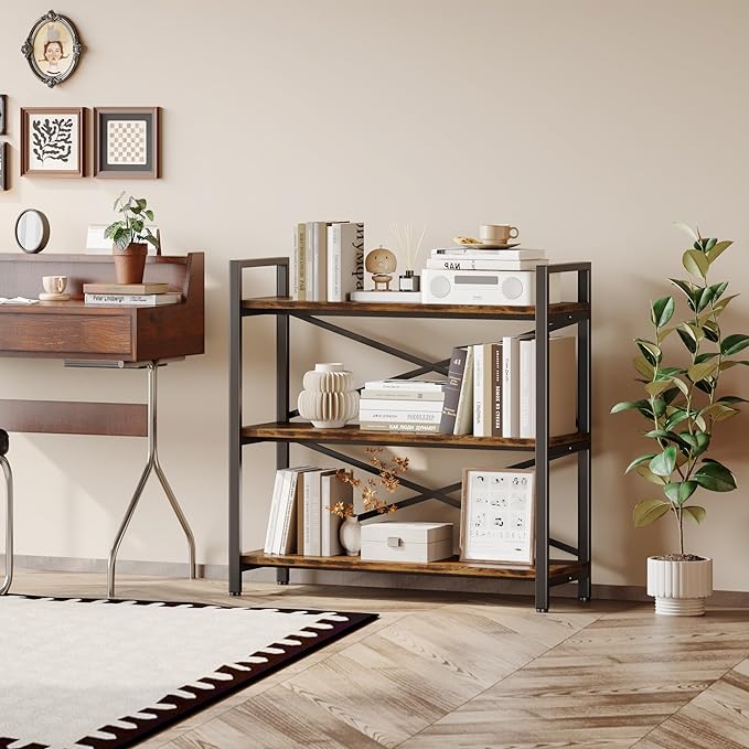 Homeiju 3 Tier Bookshelf 31.49" Width, Wood and Metal Etagere Bookcase, Vintage Farmhouse Modern Wooden Big Book Shelf for Home Living Room Bedroom Office Storage(Rustic Brown)