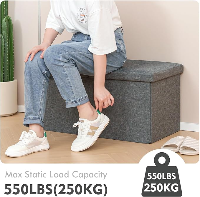 B FSOBEIIALEO Storage Ottoman with Flipping Lids, Ottoman Bench Footrest Seat, Linen 30"x15"x15" (Grey)