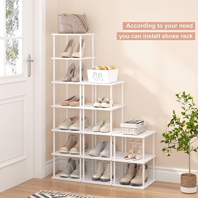 Vertical Tall Shoe Rack Organizer for Entryway -12 Tier Free Standing Slim Narrow Bamboo Wood Corner Stackable Shoe Boots Storage Stand Small Spaces for Closet Garage Cloakroom Living Room (White)-NeatNest
