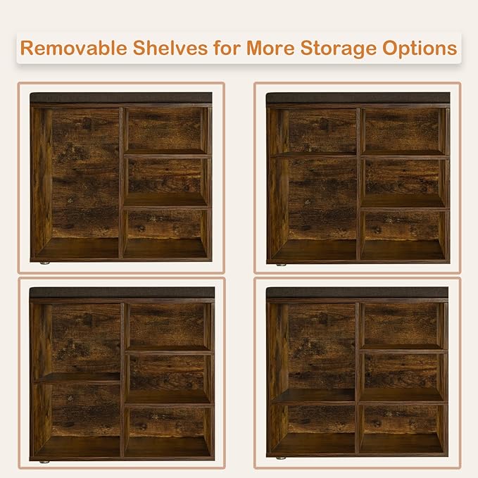 DINZI LVJ Shoe Storage Bench with Cushion, Cubby Rack with 9 Cubbies, Adjustable Shelves, Multifunctional Organizer Bench for Entryway, Mudroom, Hallway, Closet and Garage, Rustic Brown-NeatNest