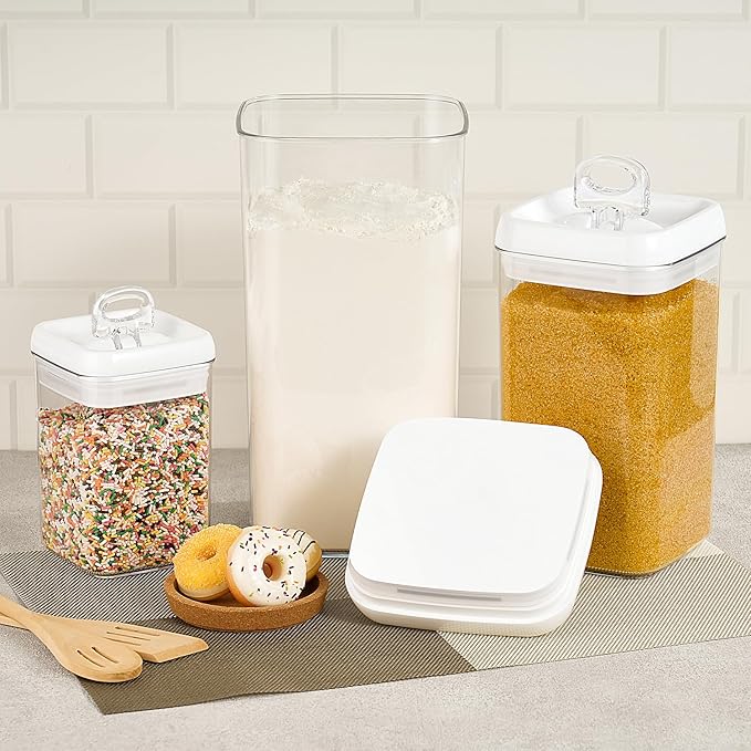 Felli Flip Tite Acrylic Food Storage Container with Lid 6” XL Air Tight Ring Seal Flip Top, Plastic Kitchen Baking Canister for 5 lb Flour Sugar Rice Protein Powder Pantry Organizer (Nest-M, White)-NeatNest
