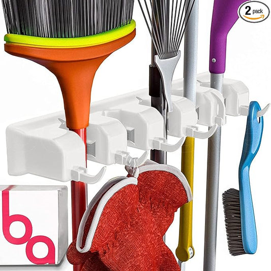 Berry Ave Broom Holder and Garden Tool Organizer Rake or Mop Handles Up to 1.25-Inches (White, 2pk)-NeatNest